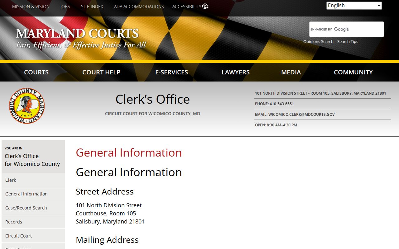 Clerk of the Circuit Court for Wicomico County contact page used to confirm active warrant records