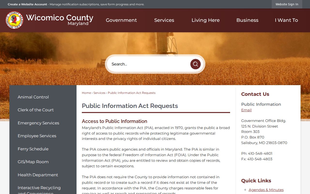Wicomico County Public Information Act page for requesting existing warrant records