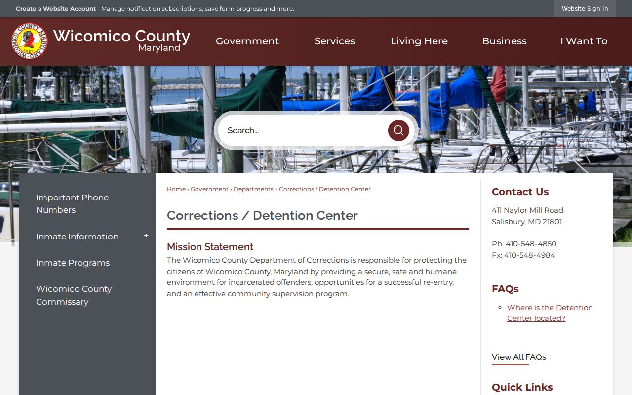 Wicomico County detention center page for custody questions tied to bench warrant records
