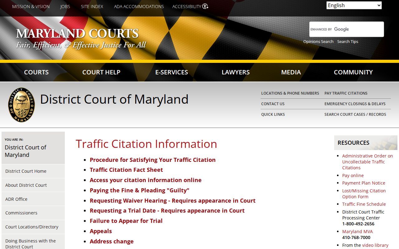 Maryland District Court traffic citation page for Wicomico County traffic warrant records