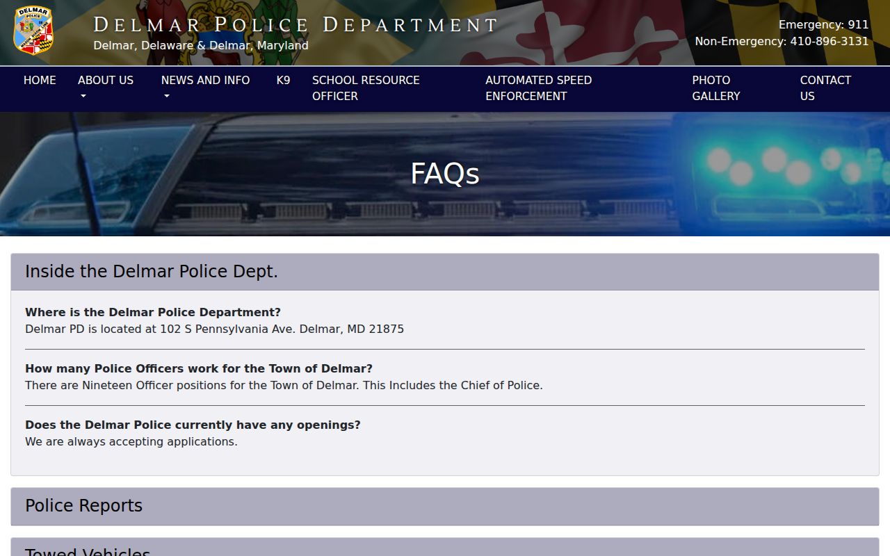 Delmar Police FAQ page covering report requests and warrant record questions