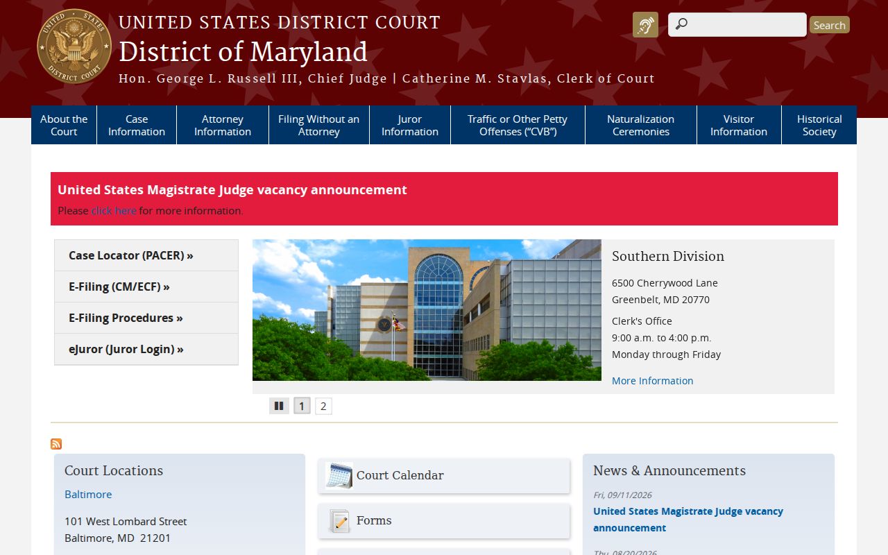 Federal District of Maryland Salisbury courthouse page for separate federal warrant records