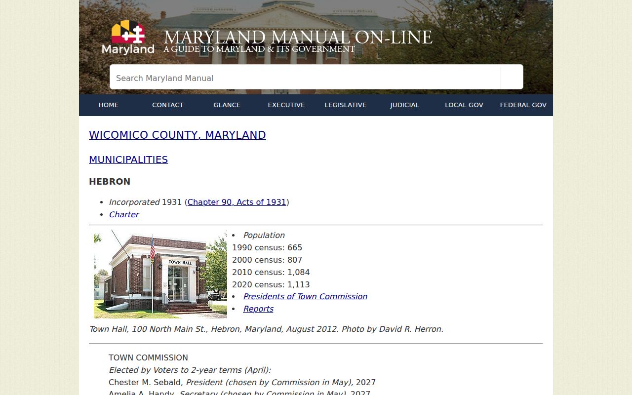 Hebron municipal contact page used for Wicomico County warrant record questions