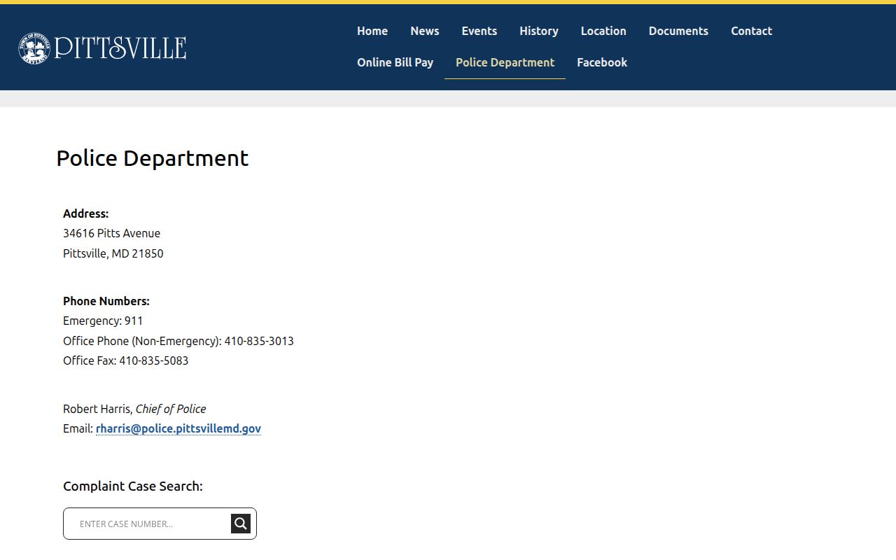 Pittsville Police complaint interface that is not a Wicomico County warrant lookup