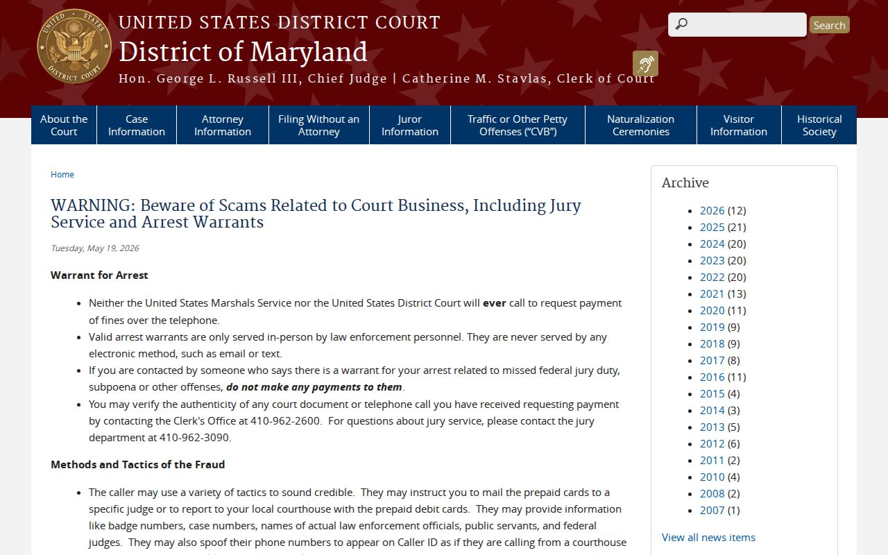 Federal court warning about warrant payment scams affecting Wicomico County residents
