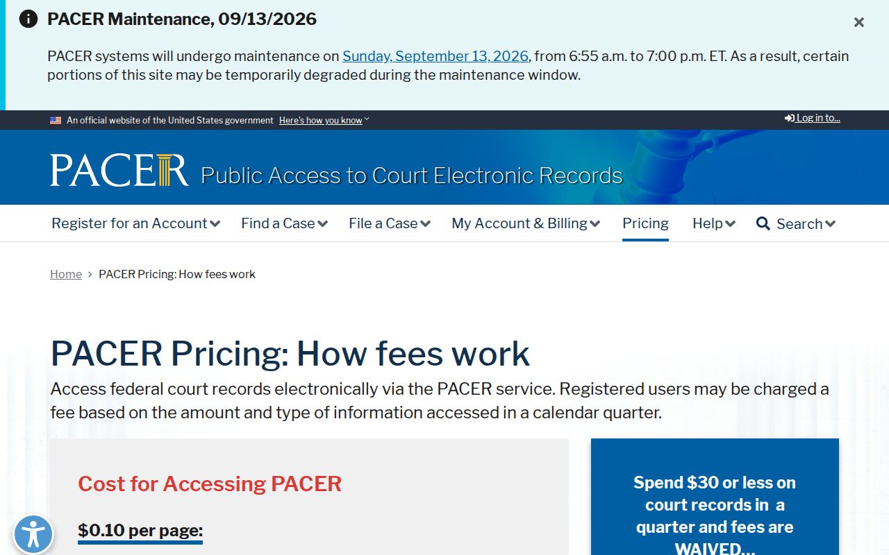 PACER Case Locator fee page used for federal warrant record research