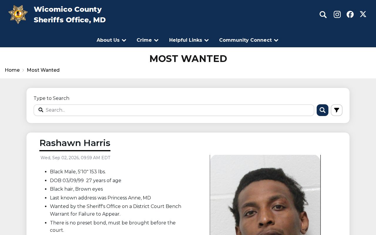 Wicomico County Sheriff Most Wanted program search box and tip interface